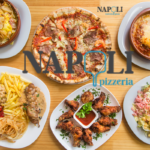 Top view of Italian lunch plates including pasta, salad, wraps, and pizza at Napoli Pizzeria in Montclair, NJ